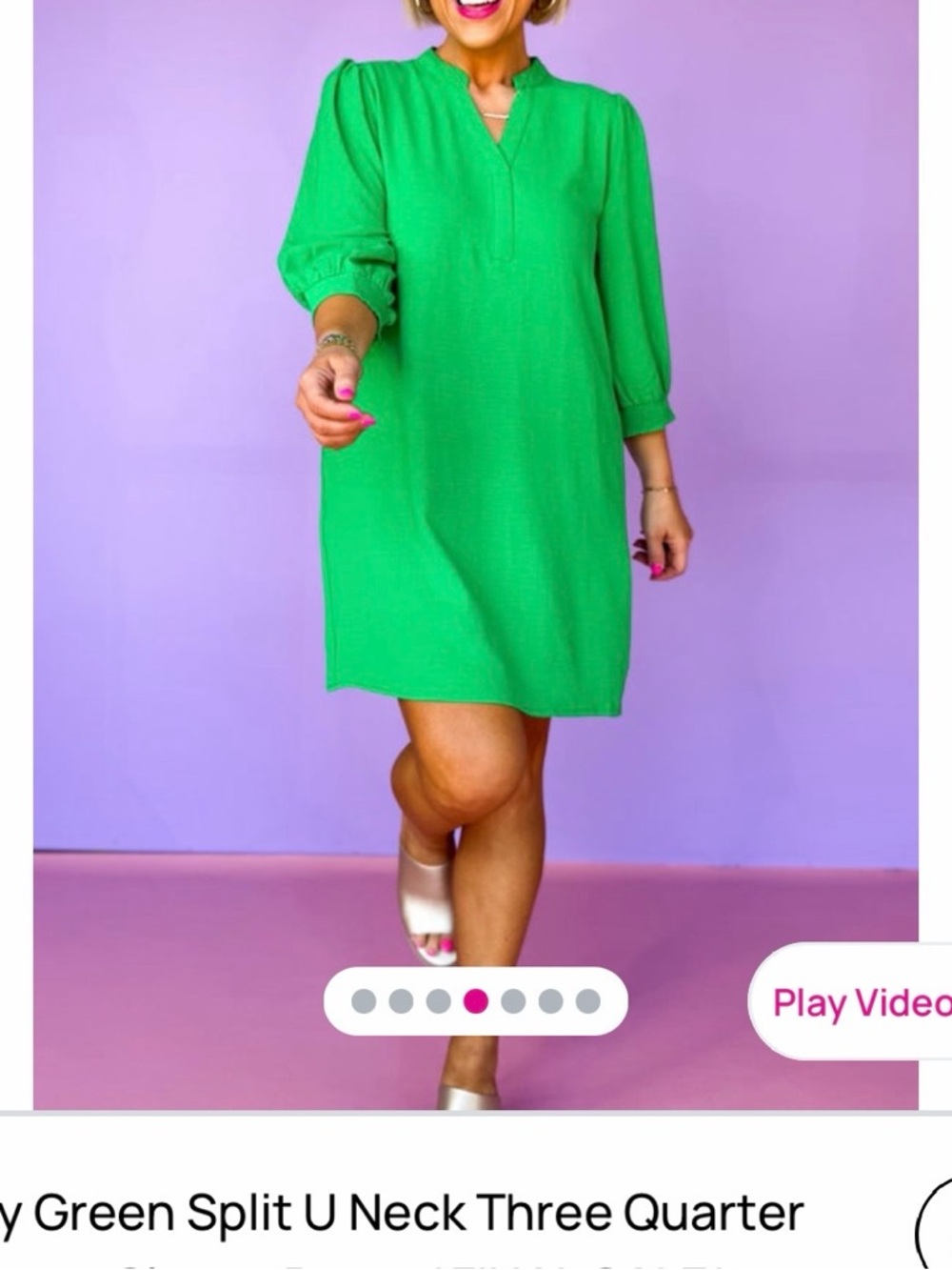 JODIFL Green Split U-Neck Three-Quarter Sleeve Dress NWT